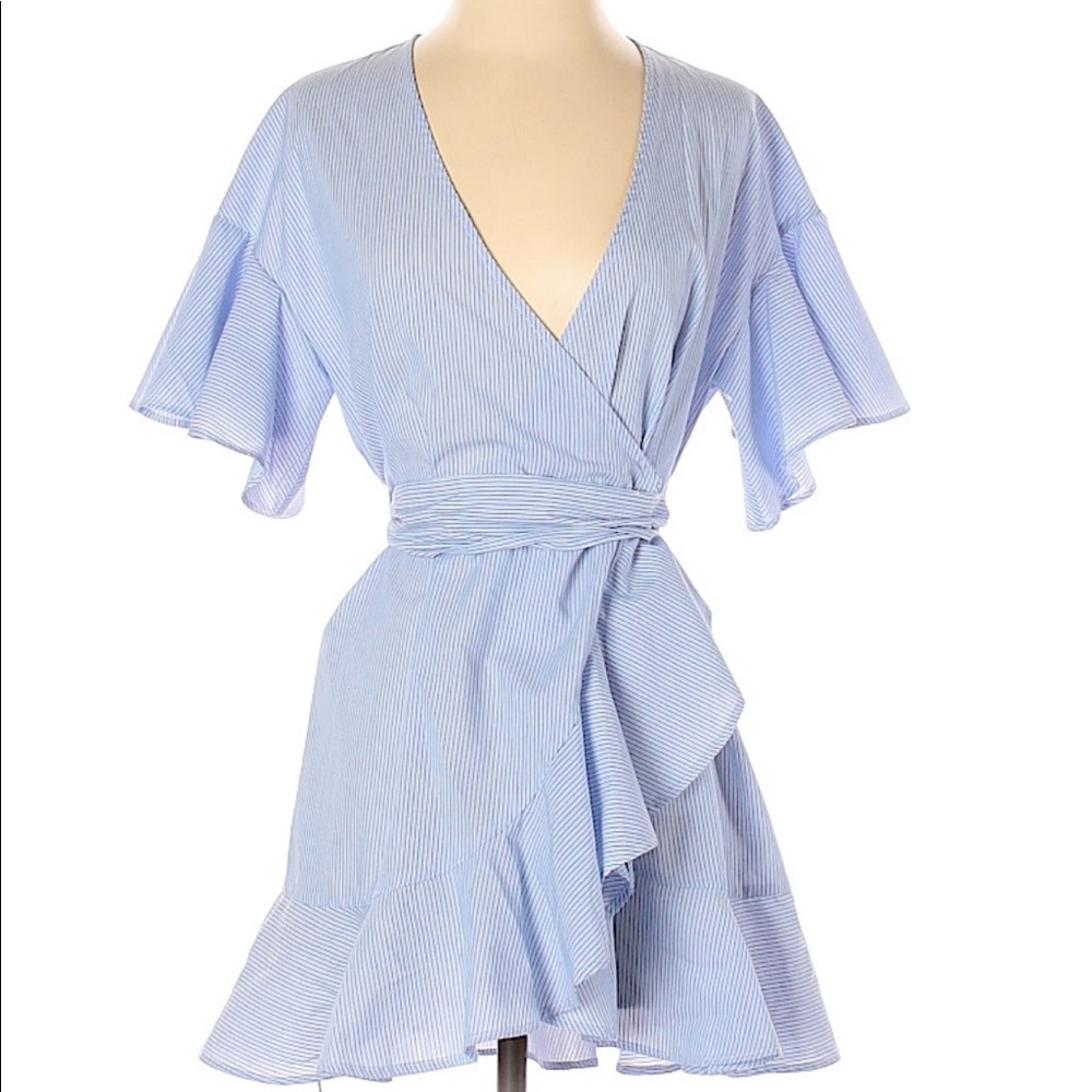 Blue Stripe Poplin Wrap Dress - Ruffle Sleeves